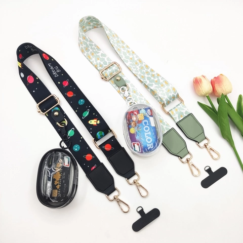 Wide Adjustable Bag Strap And Transparent Pouch And Phone Tether Polyester Leopard Space Print For Crossbody Handbags