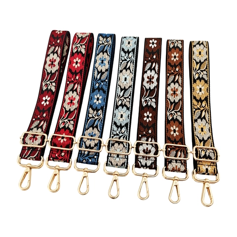 Wide Shoulder Bag Strap Adjustable Ethnic Floral Embroidered Replacement Handbag Belt Polyester Cotton Metal Buckle