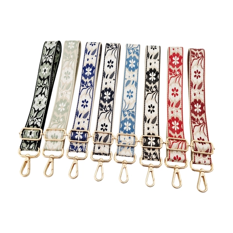 Wide Shoulder Bag Strap Adjustable Ethnic Floral Embroidered Replacement Handbag Belt Polyester Cotton Metal Buckle