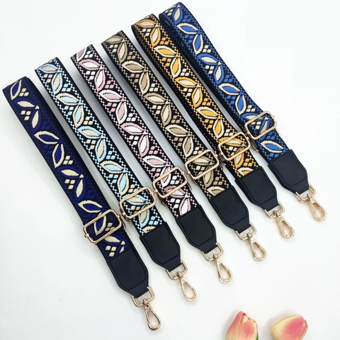 Ethnic Jacquard Embroidered Bag Strap Adjustable Wide Shoulder Crossbody Handbag Accessories Polyester Leather Ends