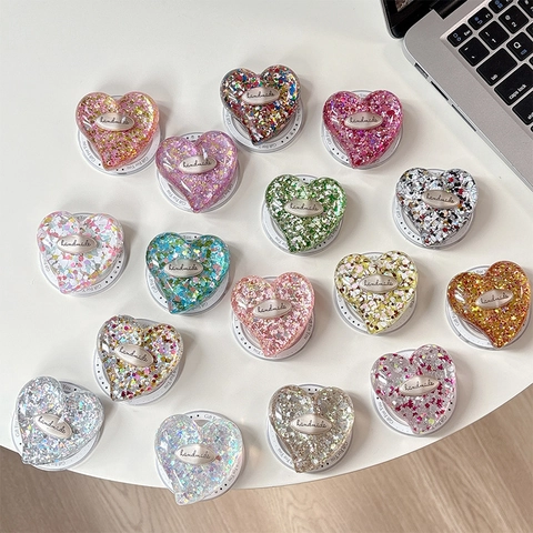 Supporto Griptok Per Telefono A Forma Di Cuore Con Paillettes Retrattile In Resina Etichetta Handmade Magnetico