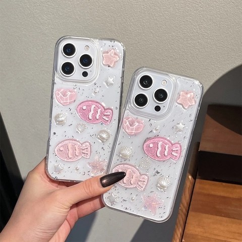Transparant Glitter Telefoonhoesje Roze Vis Schelp Reliëf Hars Decoraties TPU Schokbestendig Beschermhoes Voor Vrouwen Meisjes