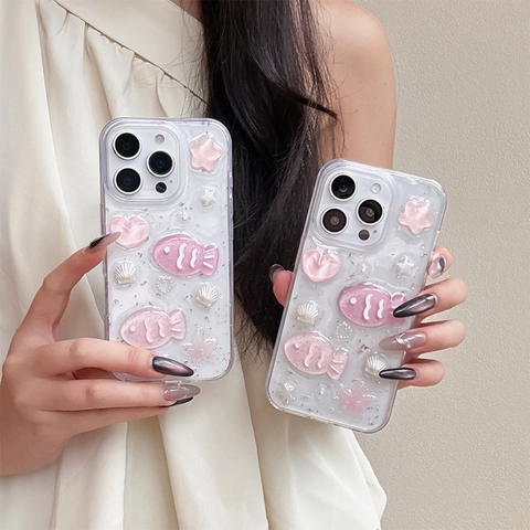 Transparant Glitter Telefoonhoesje Roze Vis Schelp Reliëf Hars Decoraties TPU Schokbestendig Beschermhoes Voor Vrouwen Meisjes