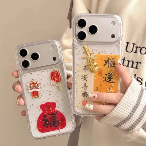 Funda Transparente De Papel De Oro Para Teléfono Año Nuevo Chino Danza Del León Bolsa De La Fortuna Protección Epoxi
