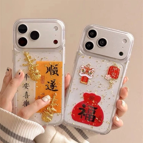 Funda Transparente De Papel De Oro Para Teléfono Año Nuevo Chino Danza Del León Bolsa De La Fortuna Protección Epoxi