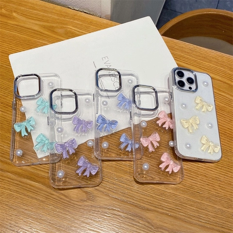 Phone Case For iPhone 16 17 Pro Max 3D Bowknot Artificial Pearl Glitter Soft TPU Electroplated Frame Cute Ins Style Protective Cover