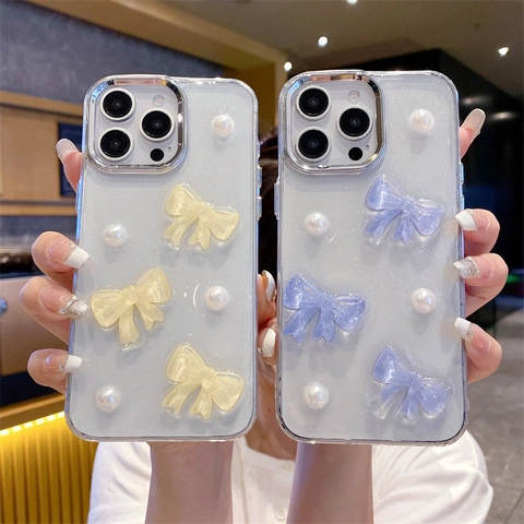 Phone Case For iPhone 16 17 Pro Max 3D Bowknot Artificial Pearl Glitter Soft TPU Electroplated Frame Cute Ins Style Protective Cover