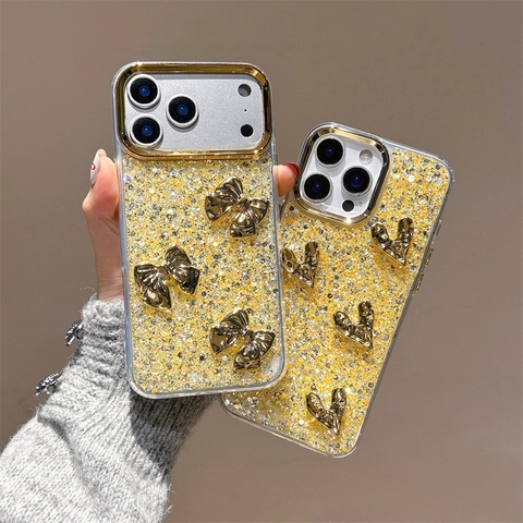 Shiny Gold Glitter Sequin Phone Case With 3D Textured Bowknot Heart Decoration Protective TPU Back Cover For Women
