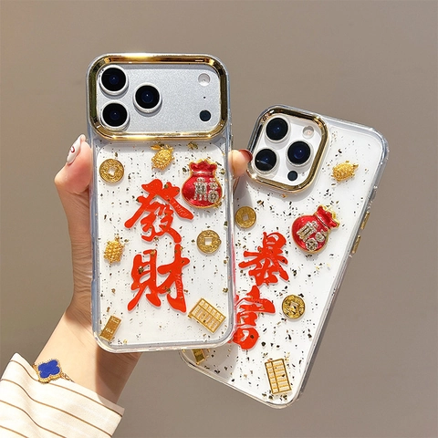 Funda TPU Pan De Oro Compatible Varios Modelos 3D Aleación Amuletos Bolsa Fortuna Estilo Chino Transparente Protección
