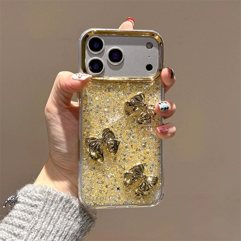 Shiny Gold Glitter Sequin Phone Case With 3D Textured Bowknot Heart Decoration Protective TPU Back Cover For Women