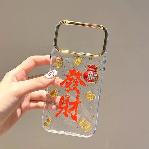 Funda TPU Pan De Oro Compatible Varios Modelos 3D Aleación Amuletos Bolsa Fortuna Estilo Chino Transparente Protección