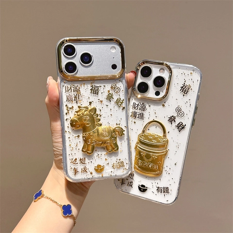Funda De Teléfono De TPU Transparente Con Pan De Oro Decoración De Caballo Y Bolso Cubo Para iPhone