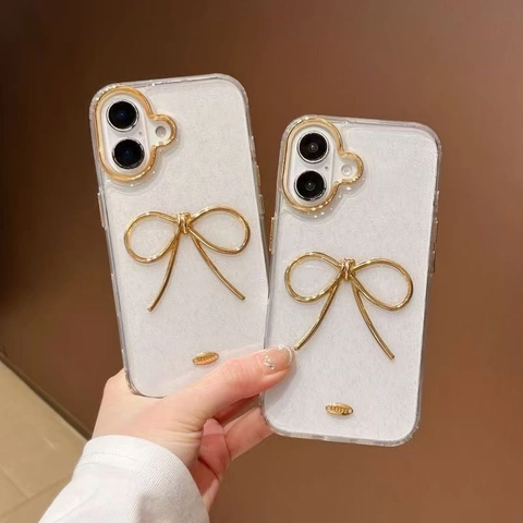 Custodia Per Smartphone Trasparente TPU Glitter Colla A Goccia Fiocco In Metallo Decorazione Oro Elegante Per Donne