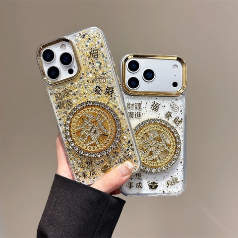 Custodia Per Telefono Di Lusso In Foglia D'oro Per iPhone Quadrante Rotante Con Strass Prosperità Cover TPU Stile Cinese