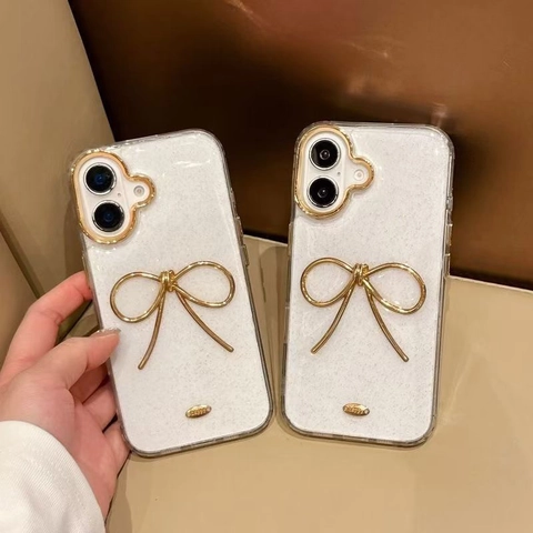Custodia Per Smartphone Trasparente TPU Glitter Colla A Goccia Fiocco In Metallo Decorazione Oro Elegante Per Donne