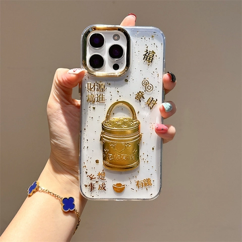Funda De Teléfono De TPU Transparente Con Pan De Oro Decoración De Caballo Y Bolso Cubo Para iPhone