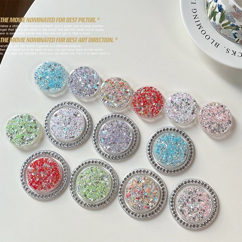 Round Phone Grip Stand Magnetic Adhesive Rhinestone Glitter Sequin Expandable Finger Holder Desktop Support For Smartphone