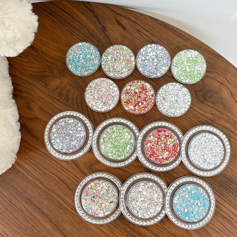 Round Phone Grip Stand Magnetic Adhesive Rhinestone Glitter Sequin Expandable Finger Holder Desktop Support For Smartphone