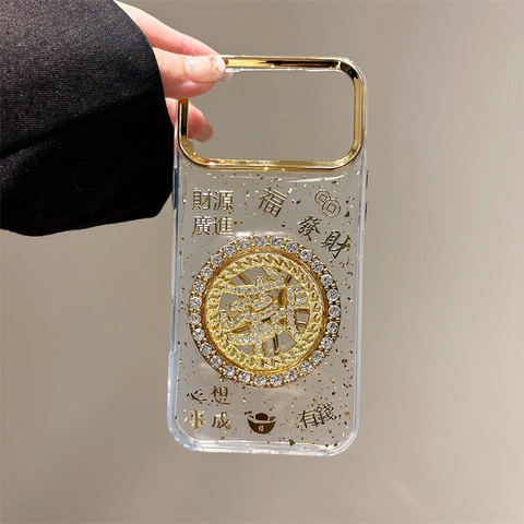 Custodia Per Telefono Di Lusso In Foglia D'oro Per iPhone Quadrante Rotante Con Strass Prosperità Cover TPU Stile Cinese