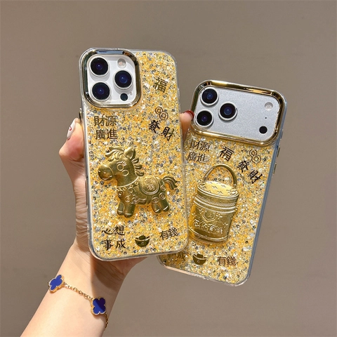 TPU Telefoonhoesje Met Gouden Glitter Epoxy En 3D Gelukshanger Feestelijke Geluksstijl Voor IPhone Serie