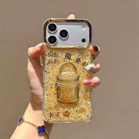 TPU Telefoonhoesje Met Gouden Glitter Epoxy En 3D Gelukshanger Feestelijke Geluksstijl Voor IPhone Serie