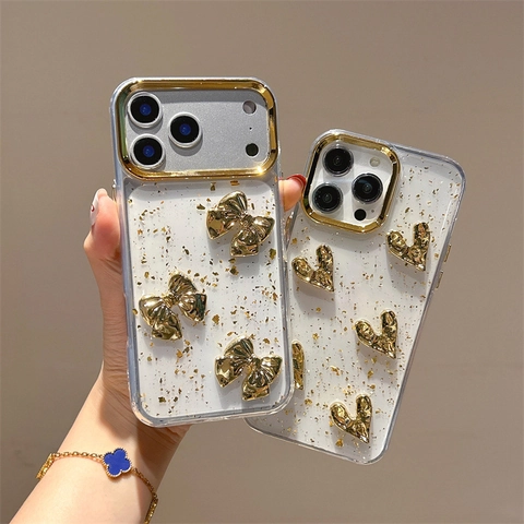 Custodia iPhone TPU Trasparente Foglia Oro Fiocco Cuore 3D Cornice Lente Galvanizzata Lusso Moda Cover Protettiva