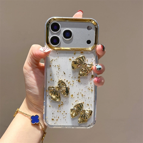 Custodia iPhone TPU Trasparente Foglia Oro Fiocco Cuore 3D Cornice Lente Galvanizzata Lusso Moda Cover Protettiva