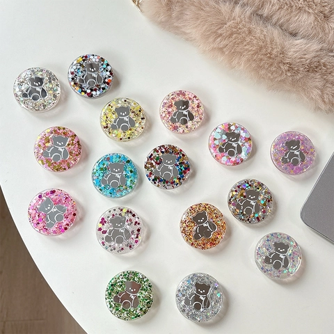 Ronde Telefoongreep Griptok Acrylhars Pailletten Glitter Glanzend Cartoon Beer Koreaanse Ins-Stijl Uitbreidbare Desktopstandaard