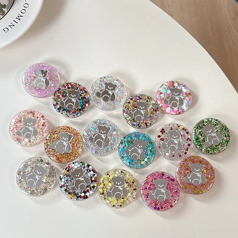 Ronde Telefoongreep Griptok Acrylhars Pailletten Glitter Glanzend Cartoon Beer Koreaanse Ins-Stijl Uitbreidbare Desktopstandaard