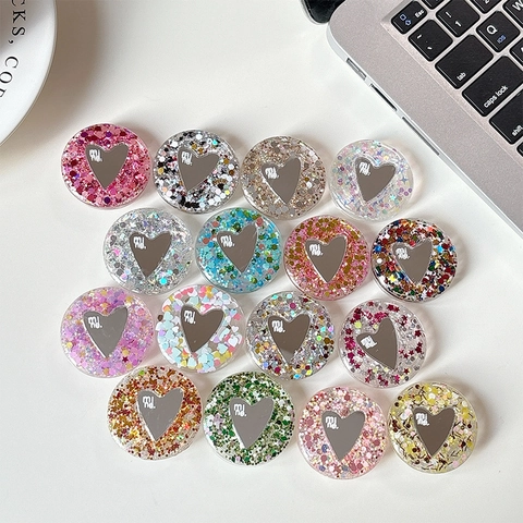 Round Expanding Phone Grip Stand Heart Mirror Shiny Sequins Glitter Resin Folding Finger Holder Adhesive Bracket