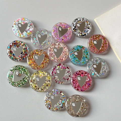 Round Expanding Phone Grip Stand Heart Mirror Shiny Sequins Glitter Resin Folding Finger Holder Adhesive Bracket