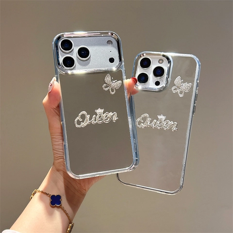 Sparkling Mirror Phone Case Luxury Rhinestone Butterfly Queen Letters Electroplated Frame Protective Cover For iPhone