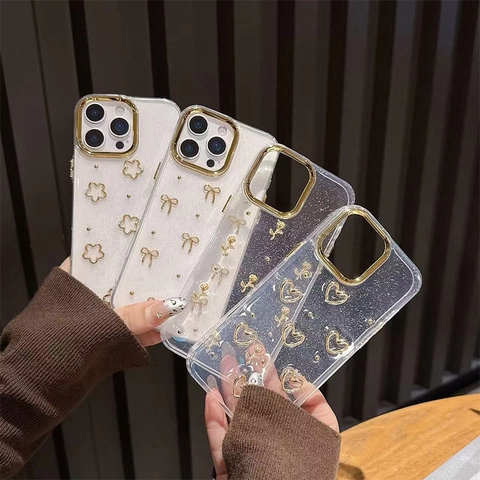 Funda Transparente Con Purpurina Para Teléfono Con Marco De Lente Chapado En Oro Decoración De Lazo Mariposa Corazón Flor 3D