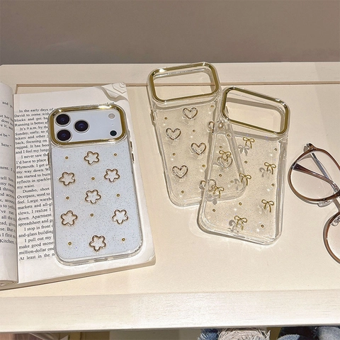 Funda Transparente Con Purpurina Para Teléfono Con Marco De Lente Chapado En Oro Decoración De Lazo Mariposa Corazón Flor 3D