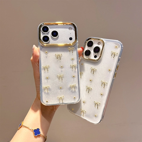 Transparent Glitter Phone Case With 3D Gold Bowknots And Beads Electroplated Camera Lens Protection For Smartphone