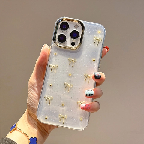 Transparent Glitter Phone Case With 3D Gold Bowknots And Beads Electroplated Camera Lens Protection For Smartphone