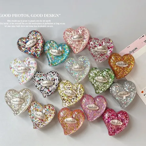Heart Shaped Phone Grip Glitter Sequin Resin Collapsible Socket Support Stand For Smartphones Handmade Style Y2K Sparkly