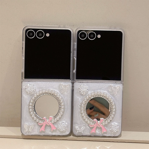 Samsung Galaxy Z Flip Fold Mirror Case Glitter Hard Shell With Artificial Pearl Pink Bow 3D Flower Butterfly Relief Fashion