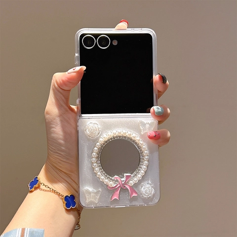 Samsung Galaxy Z Flip Fold Mirror Case Glitter Hard Shell With Artificial Pearl Pink Bow 3D Flower Butterfly Relief Fashion
