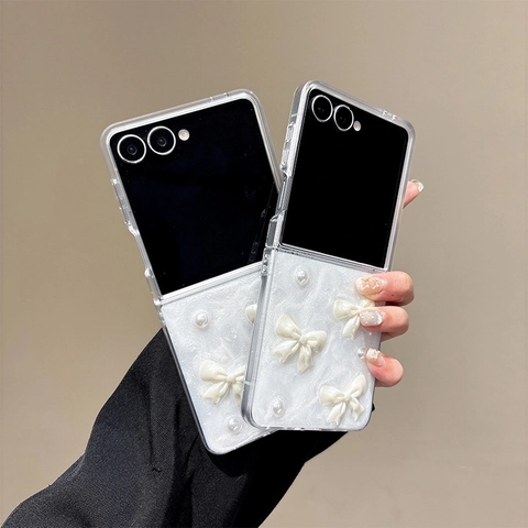Funda Smartphone Plegable Blanco Brillo Drip Glue Dulce 3D Lazo Perla Artificial Cubierta Protectora Para Mujeres Niñas