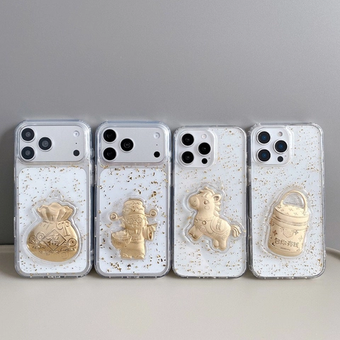 Custodia Per Smartphone Trasparente TPU Foglia D'oro Con Ornamenti 3D Di Fortuna Cover Protettiva Antiurto Stile Cinese