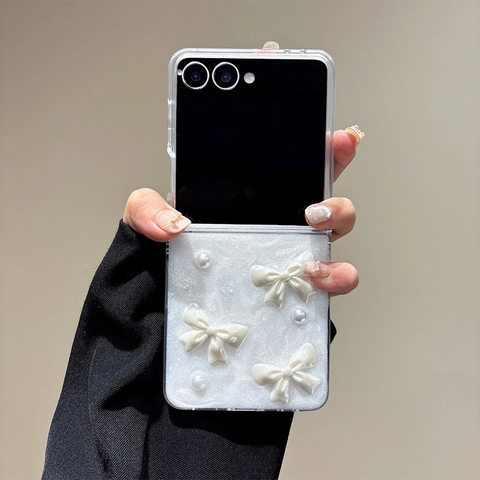 Funda Smartphone Plegable Blanco Brillo Drip Glue Dulce 3D Lazo Perla Artificial Cubierta Protectora Para Mujeres Niñas