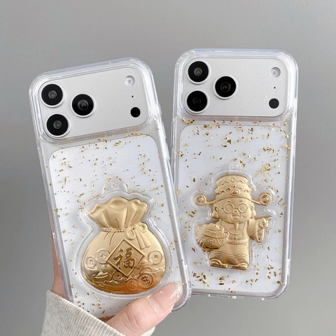Custodia Per Smartphone Trasparente TPU Foglia D'oro Con Ornamenti 3D Di Fortuna Cover Protettiva Antiurto Stile Cinese