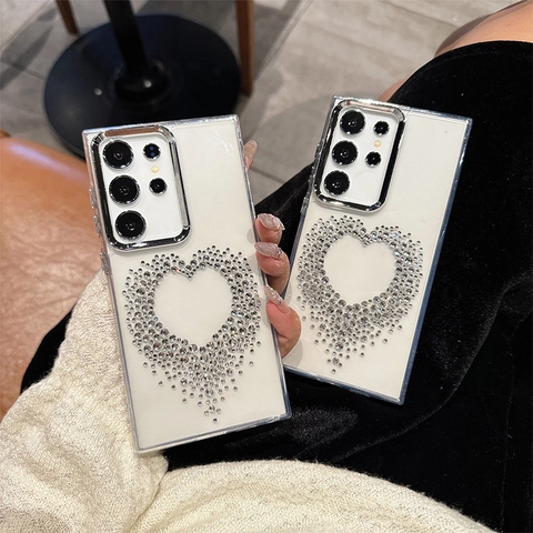 Luxe Telefoonhoesje Met Strass Hart En Gegalvaniseerd Frame Glinsterende Modieuze Beschermhoes Met Metalen Lensring