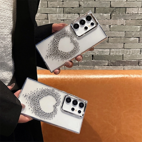 Luxe Telefoonhoesje Met Strass Hart En Gegalvaniseerd Frame Glinsterende Modieuze Beschermhoes Met Metalen Lensring