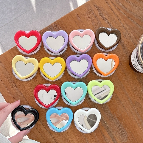Heart Shaped Mirror Phone Grip Stand Retractable Portable Makeup Mirror Foldable Dopamine Colors Heart Style