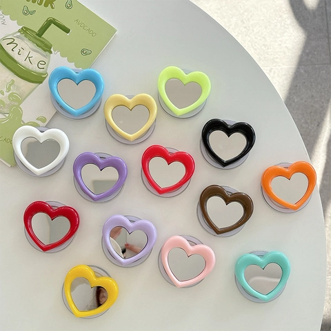 Heart Shaped Mirror Phone Grip Stand Retractable Portable Makeup Mirror Foldable Dopamine Colors Heart Style