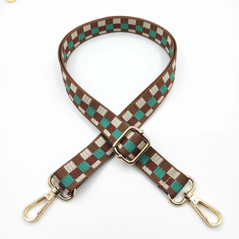 Woven Bag Shoulder Strap Adjustable Wide Replacement For Crossbody Bags Plaid Geometric Pattern Gold Metal Buckles