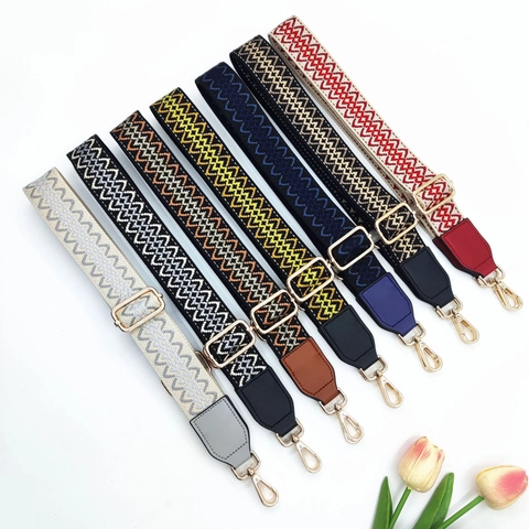 Adjustable Wide Shoulder Strap Jacquard Ethnic Replacement Bag Belt With Leather Ends Metal Buckles For Crossbody Handbag
