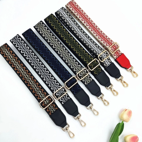 Adjustable Wide Shoulder Strap Jacquard Ethnic Replacement Bag Belt With Leather Ends Metal Buckles For Crossbody Handbag